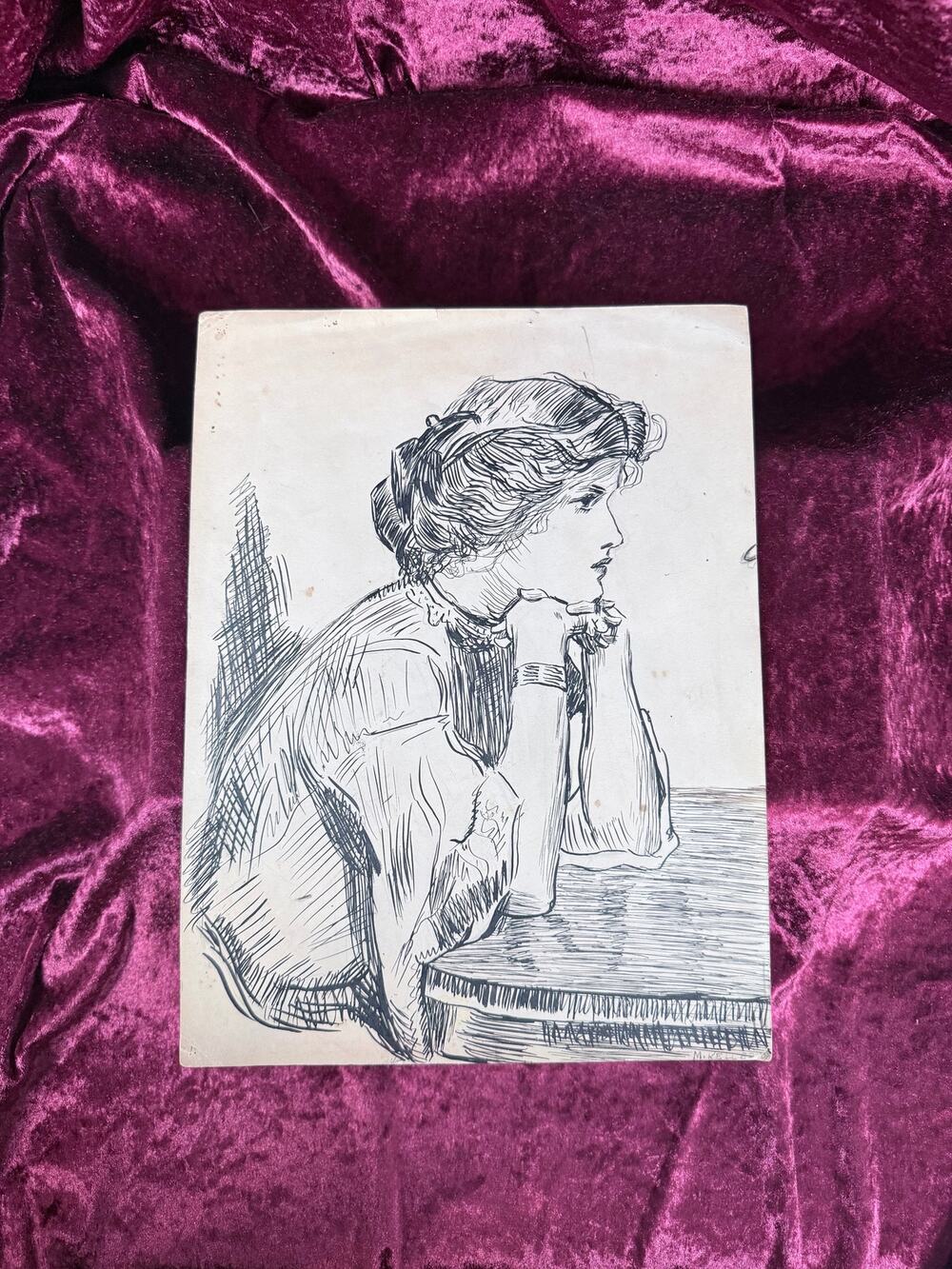 Antique Pen Ink Illustration Edwardian Gibson Girl Side Profile Portrait 1909